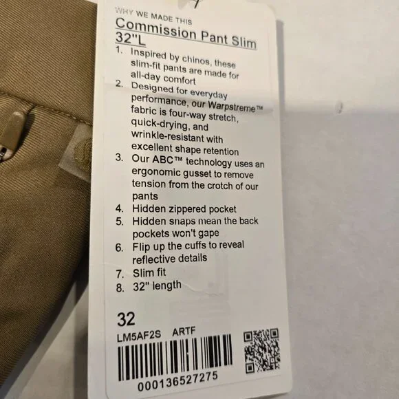 NWT Men's Lululemon Commission Pant Slim 32X32 w/Warpstreme Fabric